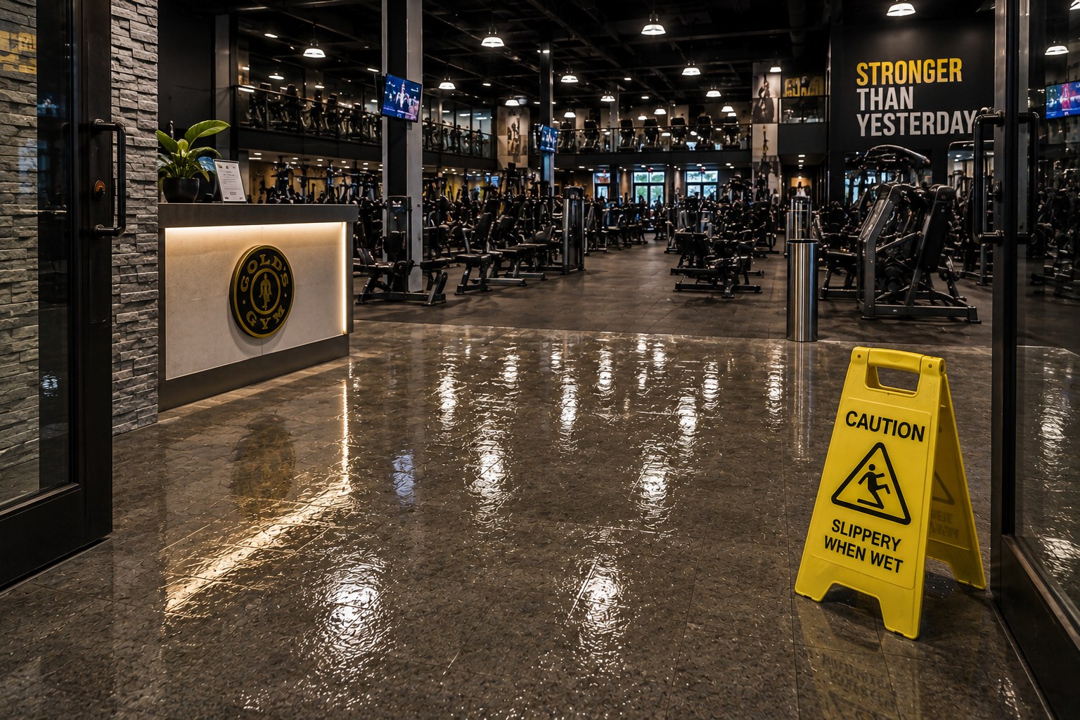 Wet gym entrance floor with caution sign