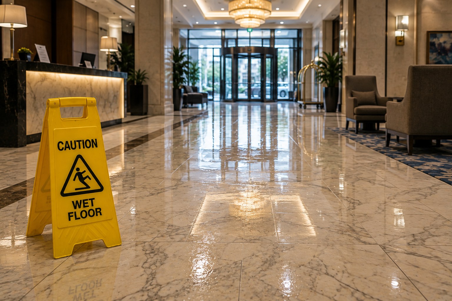 Wet hotel lobby floor with caution sign